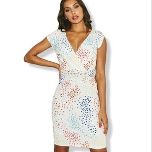 Cap-Sleeve White Sheath Dress with Multicolor Dot Print